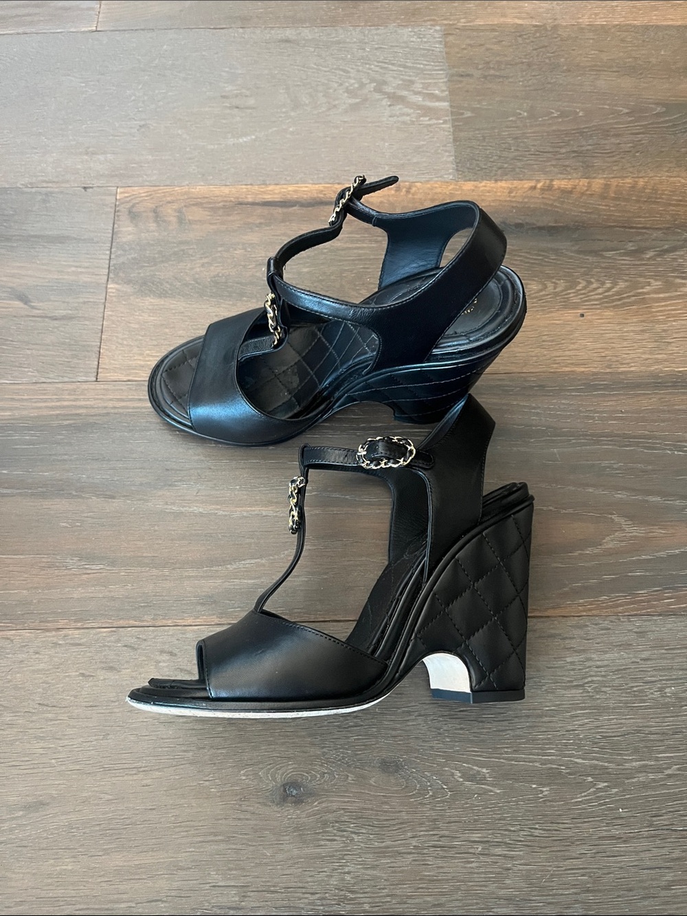 CHANEL Black Leather Chain-Detail Slingback Heels - Picture 2 of 7